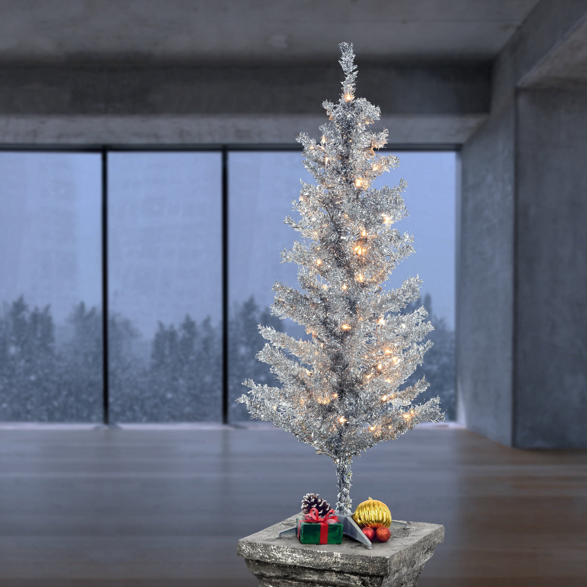 National Tree Company 4 ft. Pre-Lit Artificial Silver Tinsel Christmas Tree, Clear Lights, Includes Stand