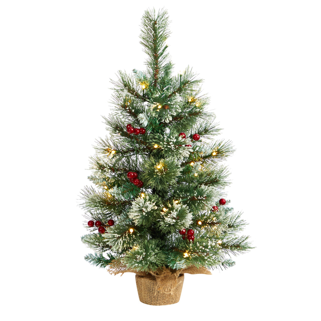 Nearly Natural 2ft. Snow Tipped Pine and Berry Artificial Christmas Tree with 35 Warm White LED Lights in Burlap Base