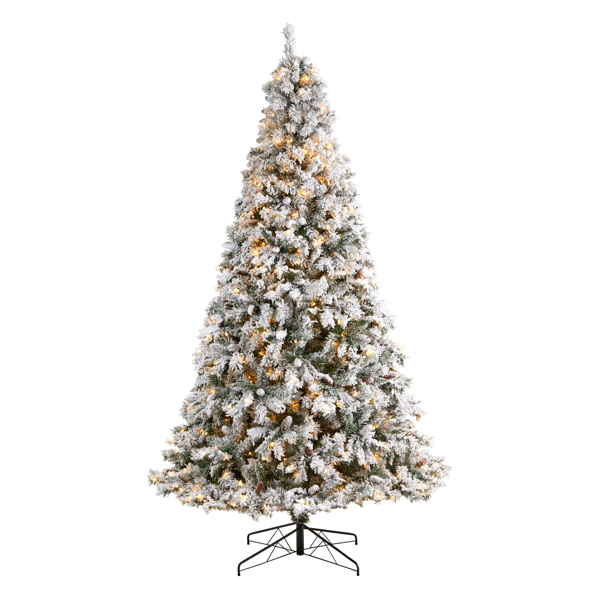 Nearly Natural River Mountain Clear Prelit LED Green Flocked Pine Christmas Tree, with Pinecones 9'