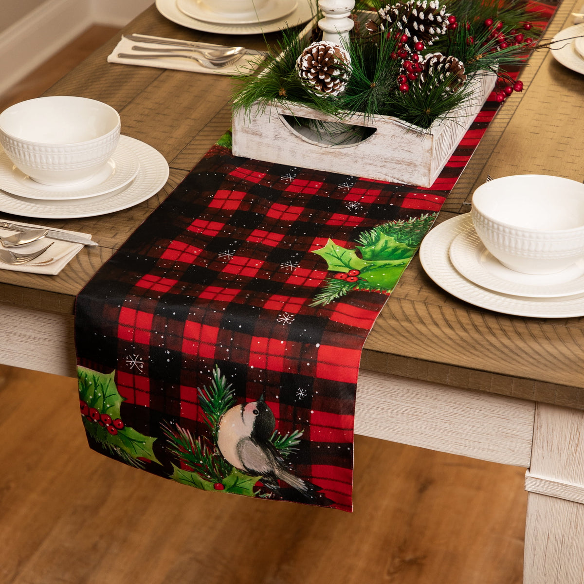 Northlight Plaid with Holly and Berries Rectangular Christmas Table Runner - 72"
