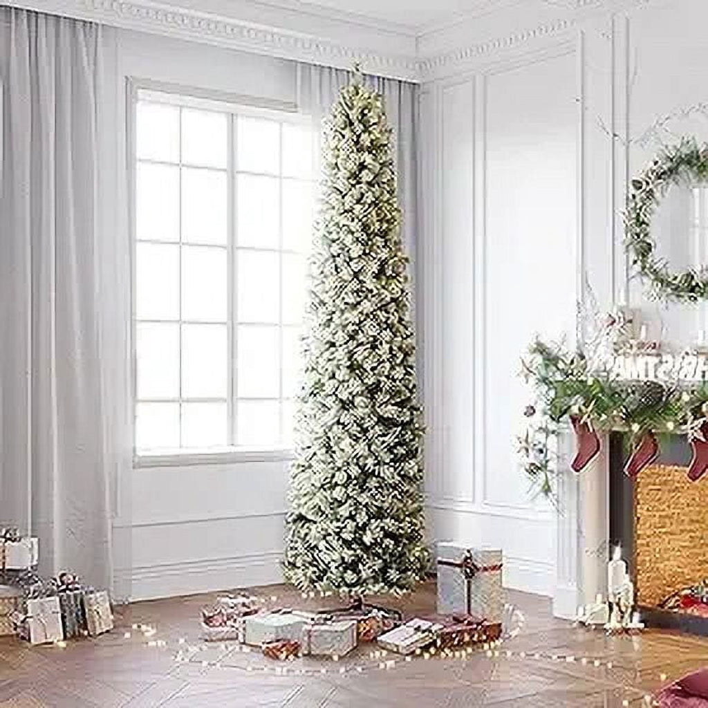OasisCraft 9ft Pre-Lit Snow Flocked Artificial Pencil Christmas Tree with 450 Clear Lights, Hinged Snowy Slim Xmas Tree Outdoor for Festive Holiday Decor