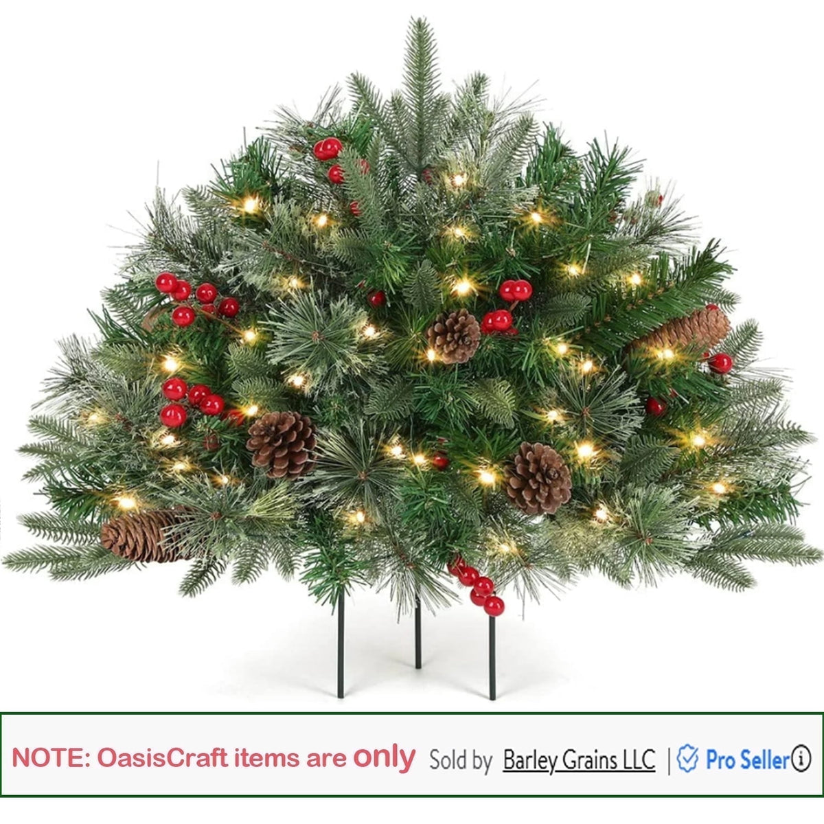 OasisCraft Outdoor Christmas Tree Frosted Urn Filler, Pre-lit Artificial Xmas Tree with Cones & Red Berries, 18 Inch Small Christmas Tree with 50 Warm Lights