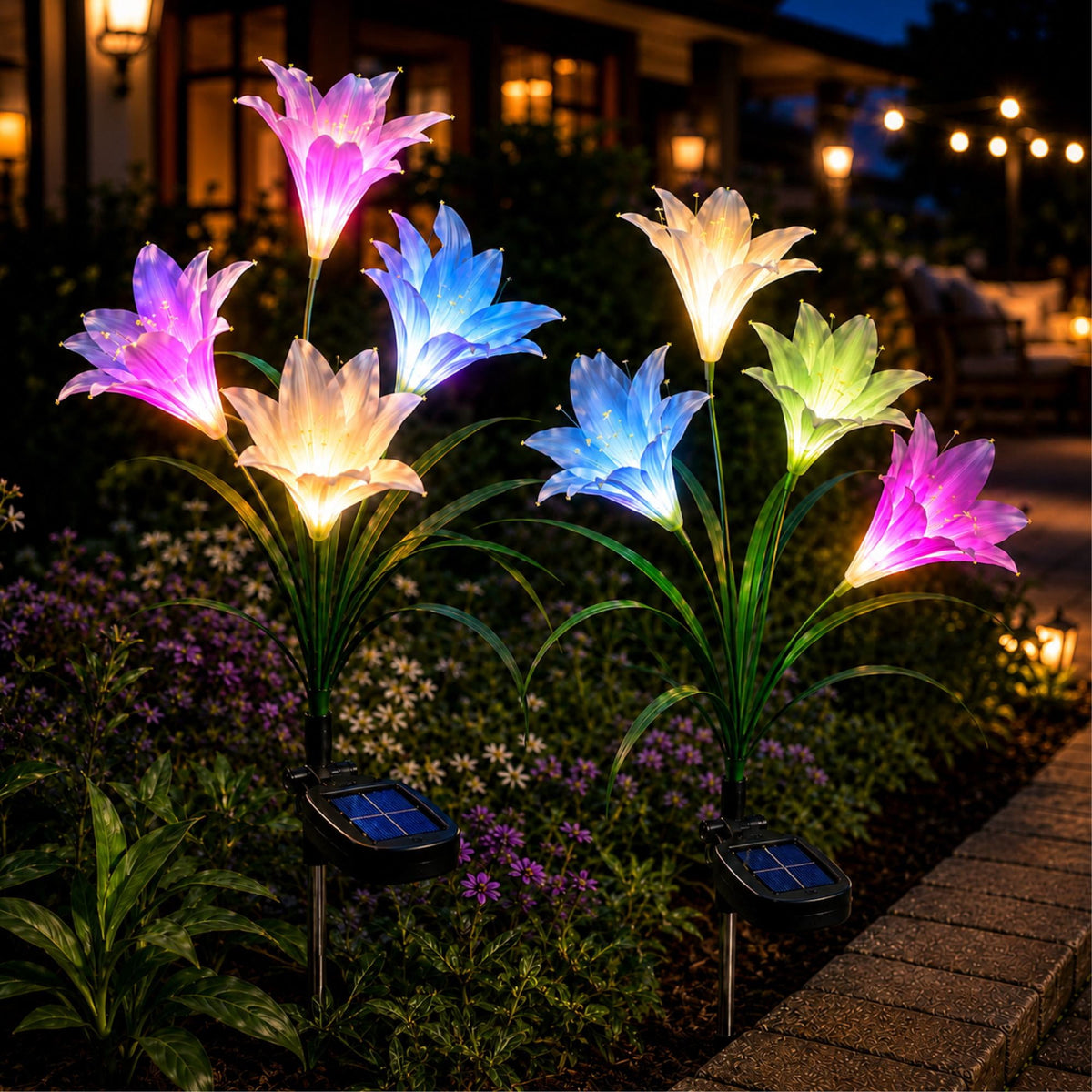 Solar Garden Lights Outdoor, 2 Pack 8 Lily, Solar Flowers Light Waterproof, Multi-color Changing LED Solar Stake Lights for Outside Patio Garden Pathway Yard Decoration