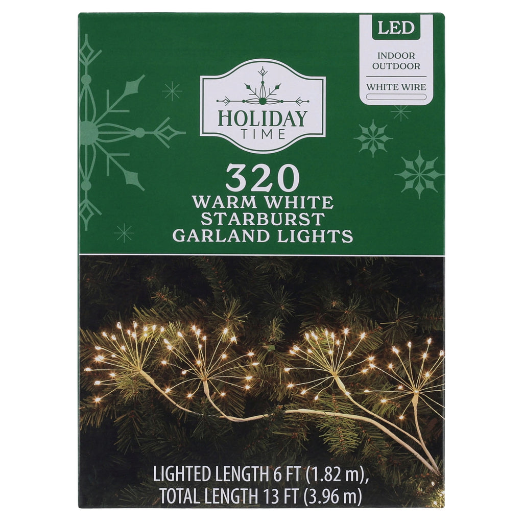 Indoor/Outdoor 320-Count LED Starburst Christmas Garland Lights, Warm White, White Wire, 6', by Holiday Time