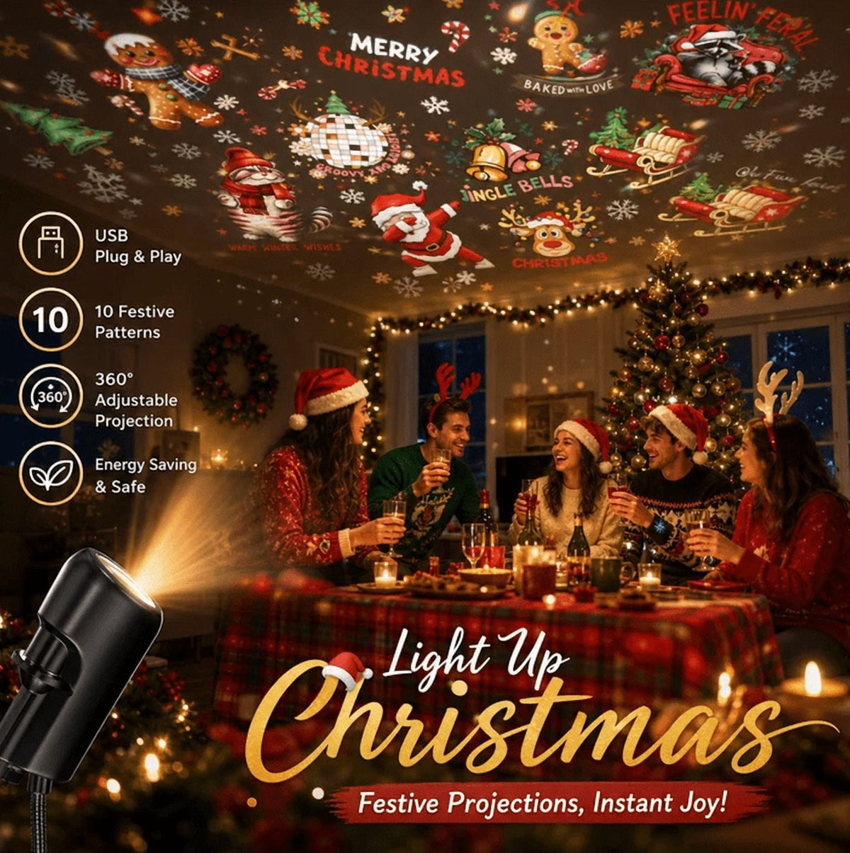 Plug-&-Play HD Christmas&Halloween Projector, USB Flexible 360° Rotatable Holiday Projection Lamp with 10 Festive Pattern Slides for Indoor Ceiling Wall Xmas Decor Christmas 6 Scenes