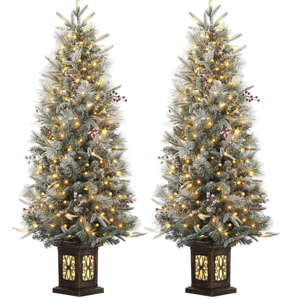 Pre-lit Artificial Christmas Tree 4.5ft Snow Flocked, 386 Tips, 200 Lights, Antique Urn Base, 2 PCS