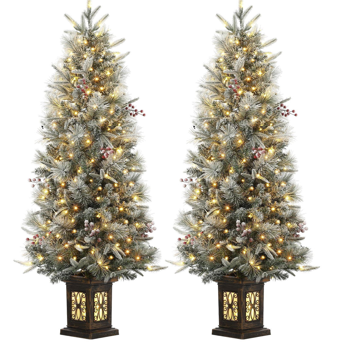 Pre-lit Artificial Christmas Tree 4.5ft Snow Flocked, 386 Tips, 200 Lights, Antique Urn Base, 2 PCS