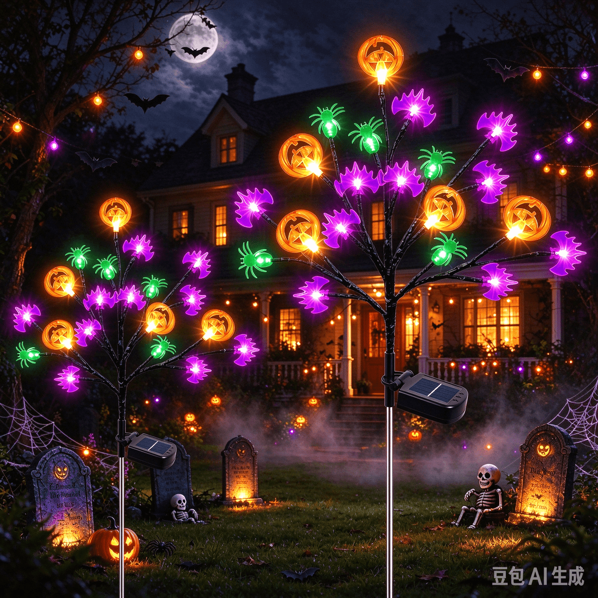 Qoosea 2 packs 40 LED Solar Halloween Lights, 2 Modes Halloween Bats Spiders Pumpkin Lights for Outdoor Decorations, Waterproof Stakes for Garden Yard Pathway Walkway