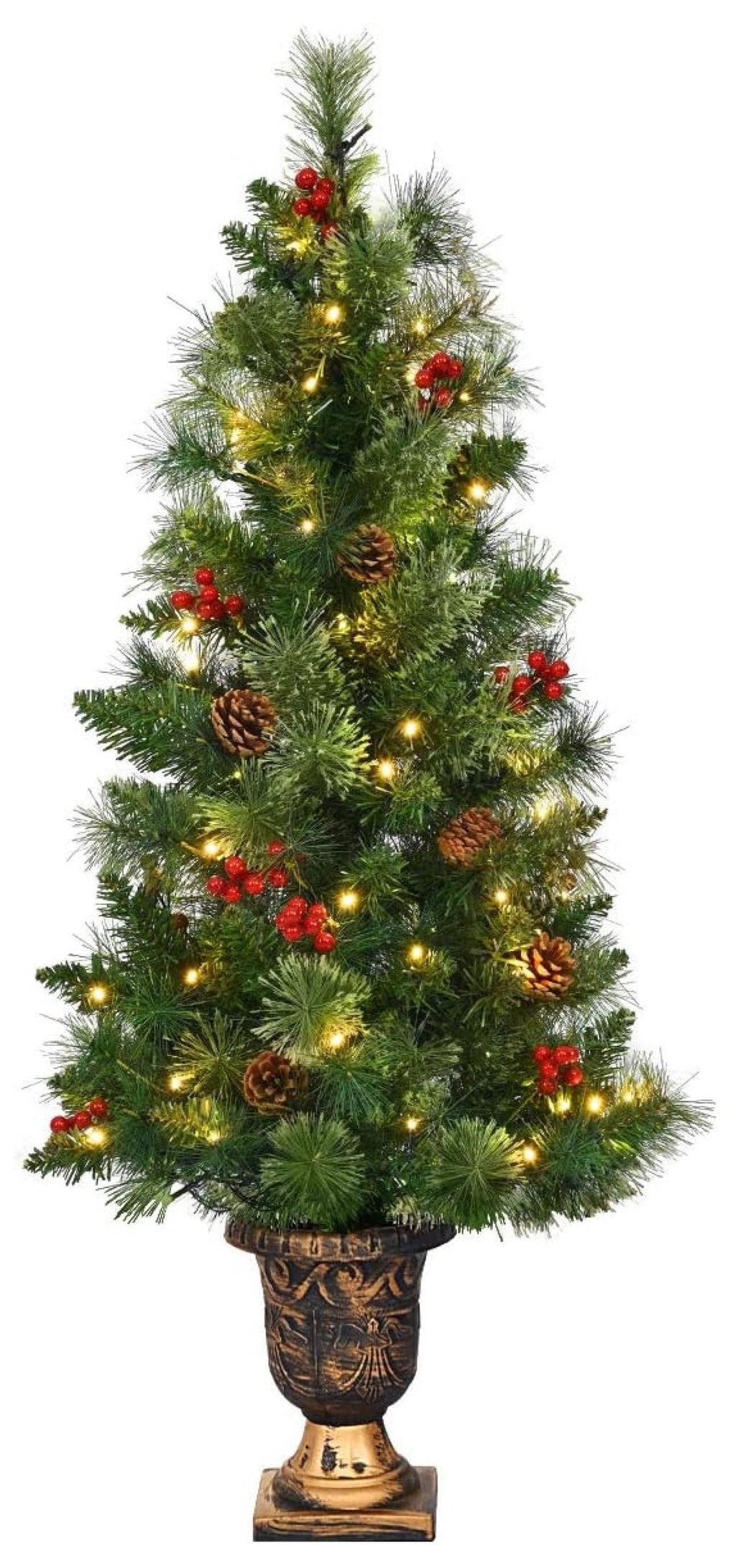 Ranyuaxu 3ft Prelit Pathway Christmas Tree with 40 LED Lights, Artificial Christmas Tree with Metal Stand, 100 Branch Tips, Pine Cones and Red Berries, Entrance Tree for Indoor and Outdoor Decoration