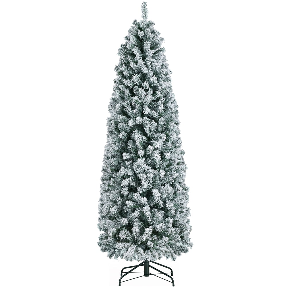 Renwick 6 Ft Snow Frosted Artificial Christmas Tree Holiday Decorative Tree with Pencil Shape Metal Stand, Green