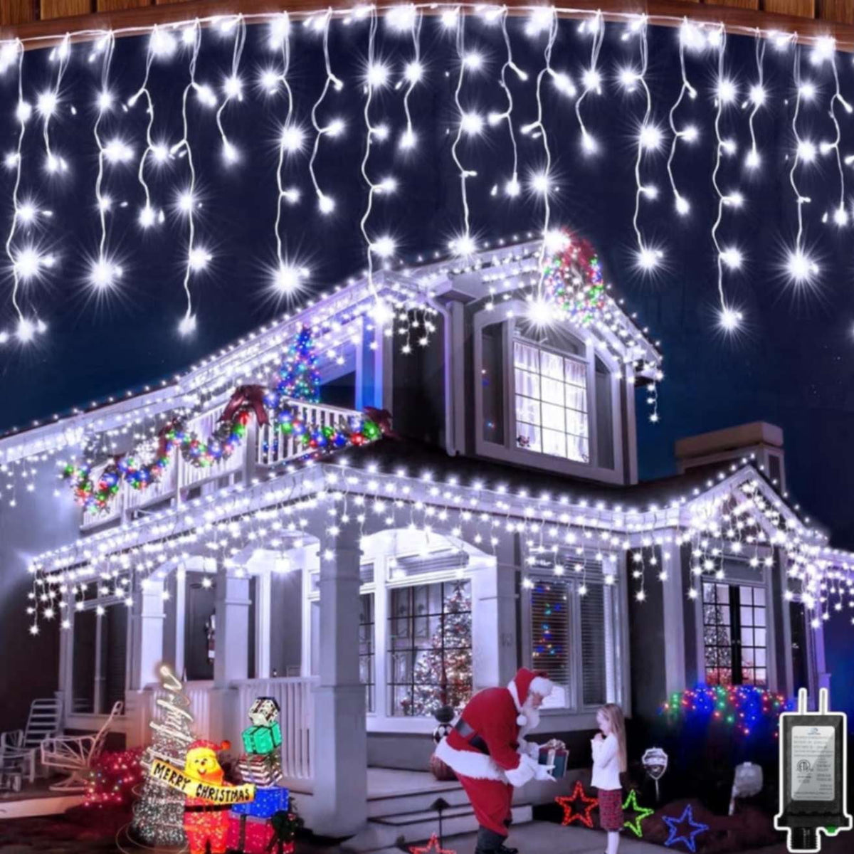 Scidweet Christmas Icicle String Lights, 33ft 400 LED Fairy Twinkle Lights 8 Modes Plug in Light for Holiday Wedding Party Home Indoor Outdoor Decoration, Cool White