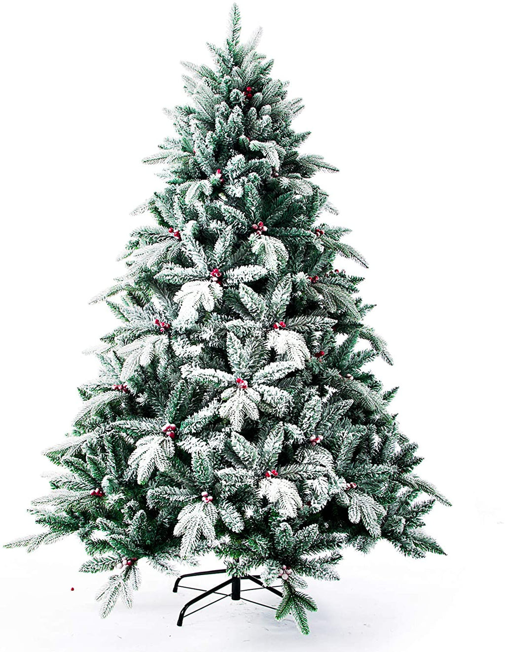 Senjie Snow Flocked Christmas Tree,Real Touch Artificial Tree with Red Berry Unlit 4.5 FT