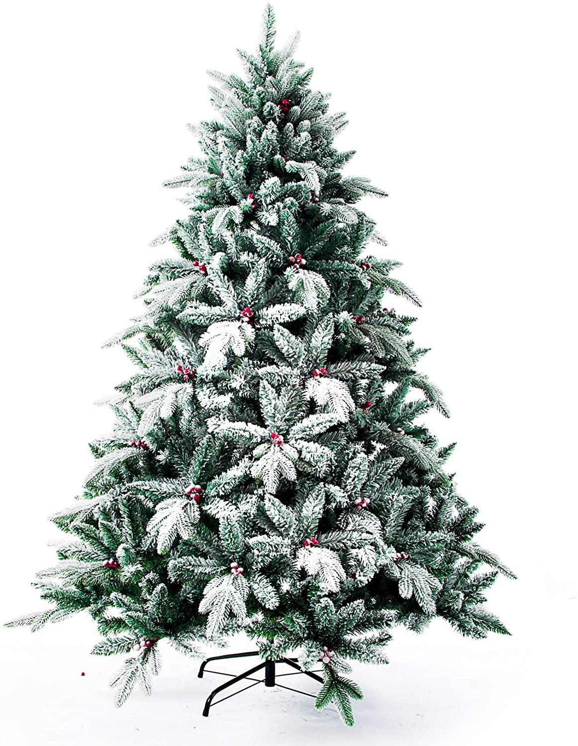 Senjie Snow Flocked Christmas Tree,Real Touch Artificial Tree with Red Berry Unlit 4.5 FT