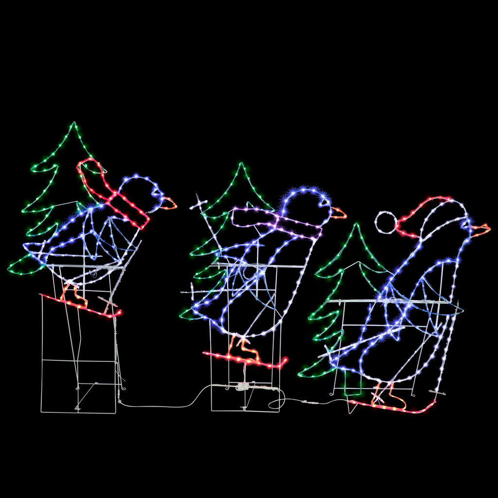 Set of 3 Skiing Penguins with Tree Christmas Outdoor Décor with 614 Multi-Color LED Lights with Motion