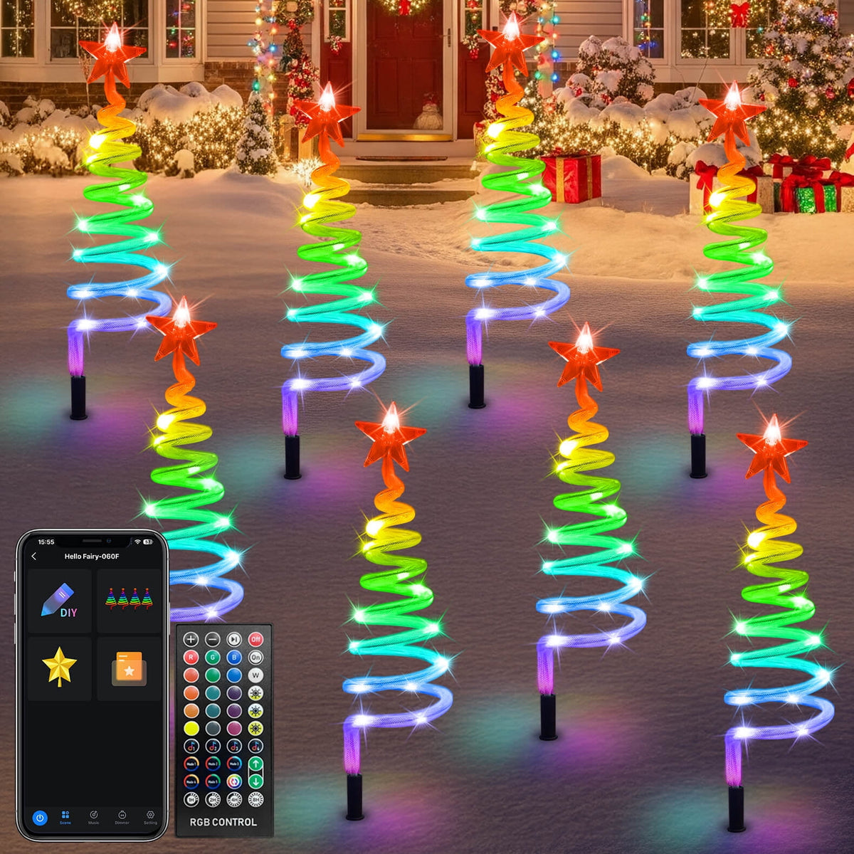 Set of 8 Smart Spiral Christmas Tree Pathway Lights with Programmable Fairy RGB LED Lights App-Controlled