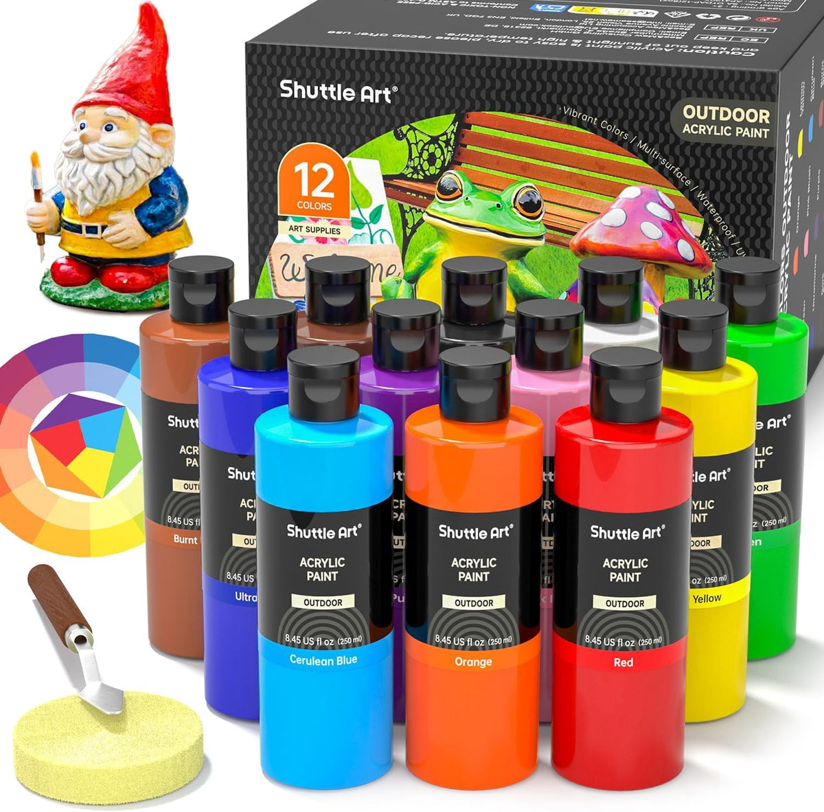 Shuttle Art Outdoor Acrylic Paint Set, 12 Colors Waterproof Paint, 8.45oz/250ml Large Bottles, Rich Pigmented Bulk Painting Supplies on Rocks, Wood, Wall, Crafts, Garden Statues