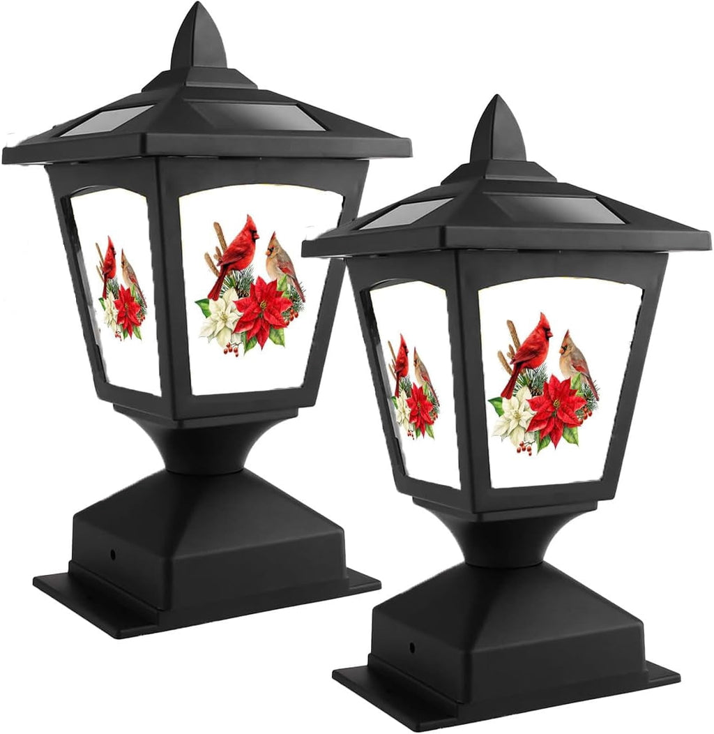 Solar Post Lights Outdoor, 2 Pack, Wood Fence Posts, Pathway, Deck, Halloween/Thanksgiving/Christmas Decoration (Three Snowman)