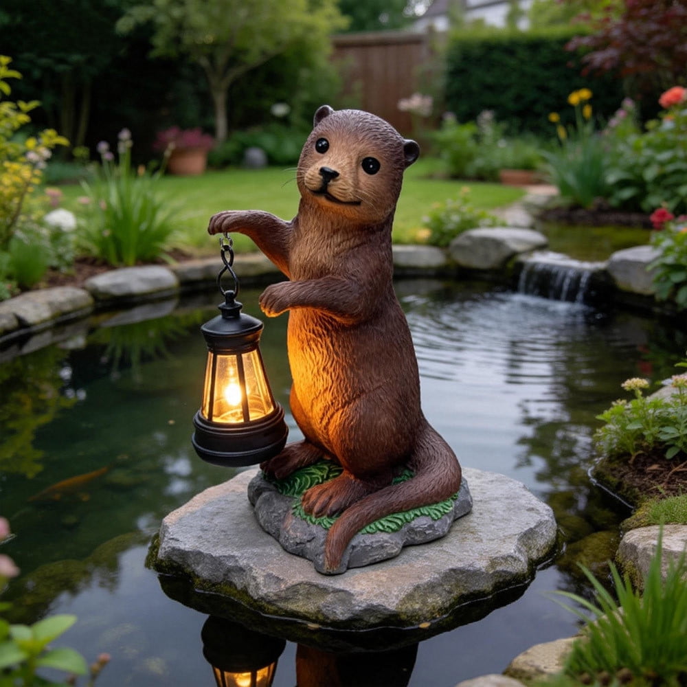 Solar Powered Resin Otters Lantern IP44 Waterproof Outdoor Decorative Light Warm Ambient Lighting Auto On/Off Handcrafted Statue for Garden Patio Yard Lawn Pathway Holiday Gift for Plant Lovers