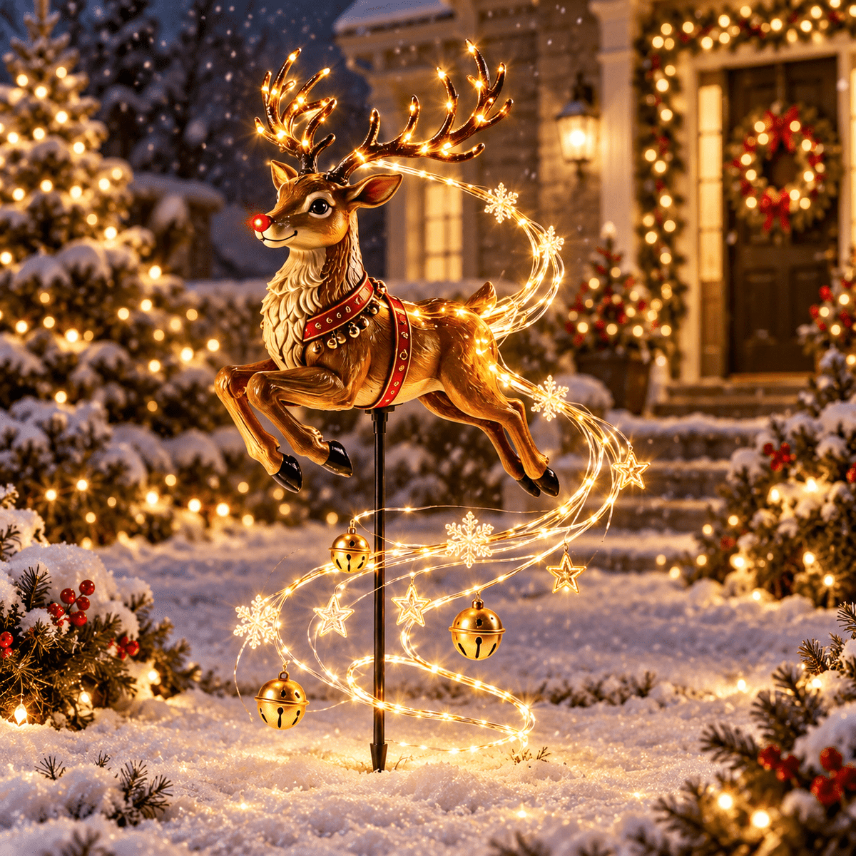 Solar Reindeer Christmas Garden Stake Light, Flowing LED Stars and Snowflakes, Resin Outdoor Holiday Yard Decoration for Lawn, Pathway, Porch, Garden and Entryway, 31.5 in Multicolor