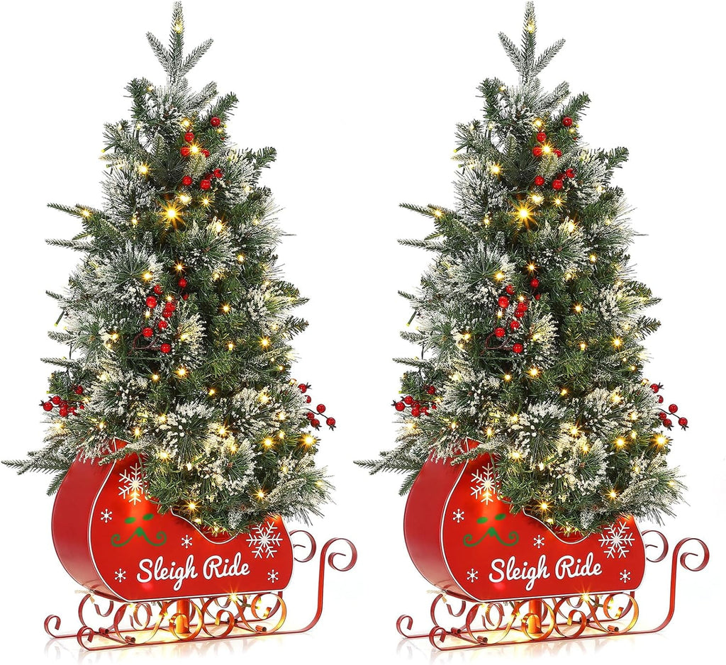 Somikis 3ft Pre-Lit Artificial Mini Christmas Tree with 78LED Lights, 8 Mode Includes Red Berries & Sleigh Base, 2 Pcs