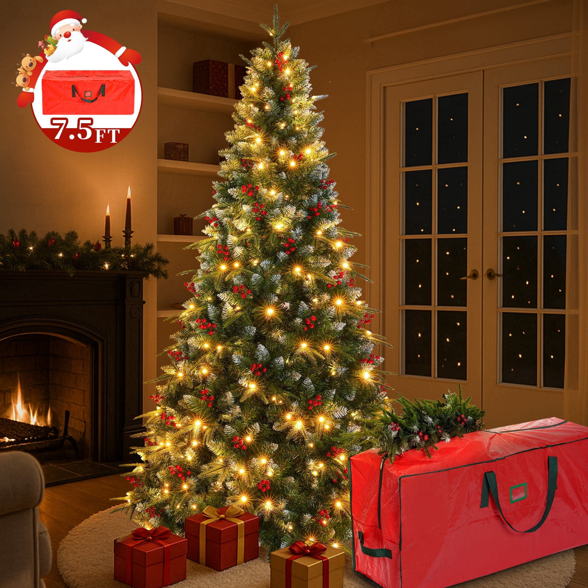 Yexmas 7.5ft Pre-Lit Artificial Christmas Trees,Green Xmas Tree with Large Christmas Tree Storage Bag,Berries, Realistic Artificial Christmas Trees for Home, Office, Party Decoration