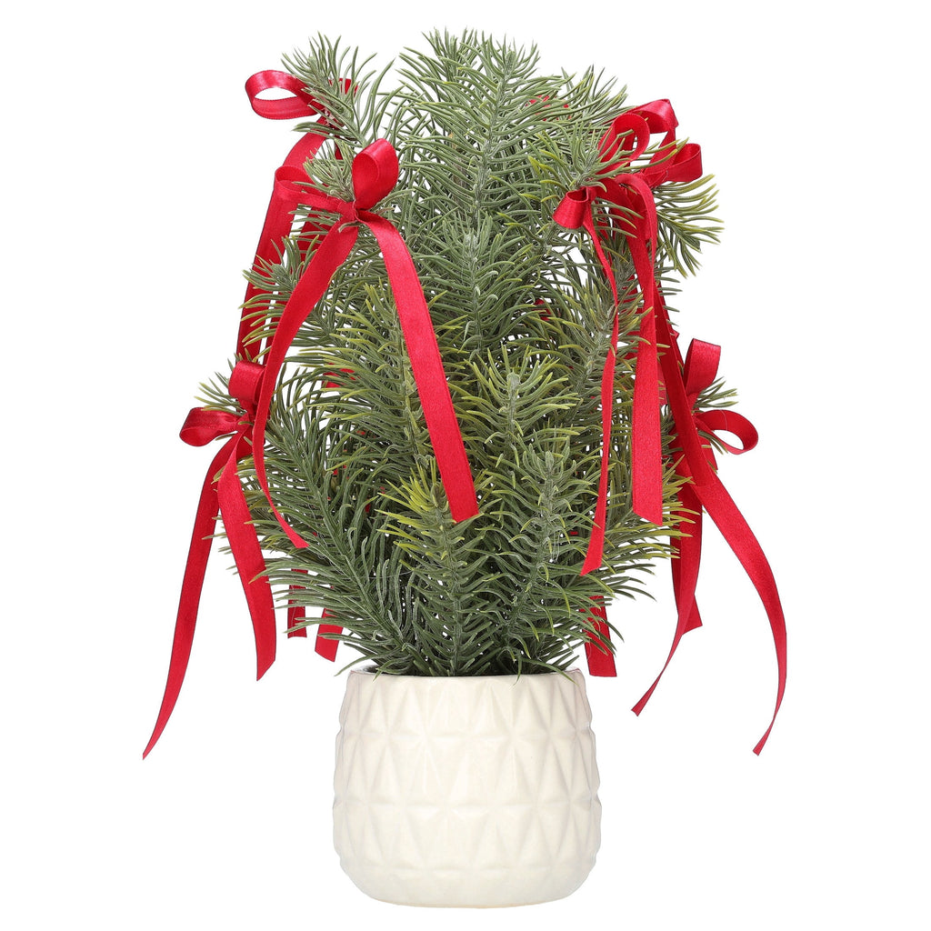 Evergreen with Bows Christmas Arrangement in Ceramic Pot, Green/White/Red, 12.3", by Holiday Time
