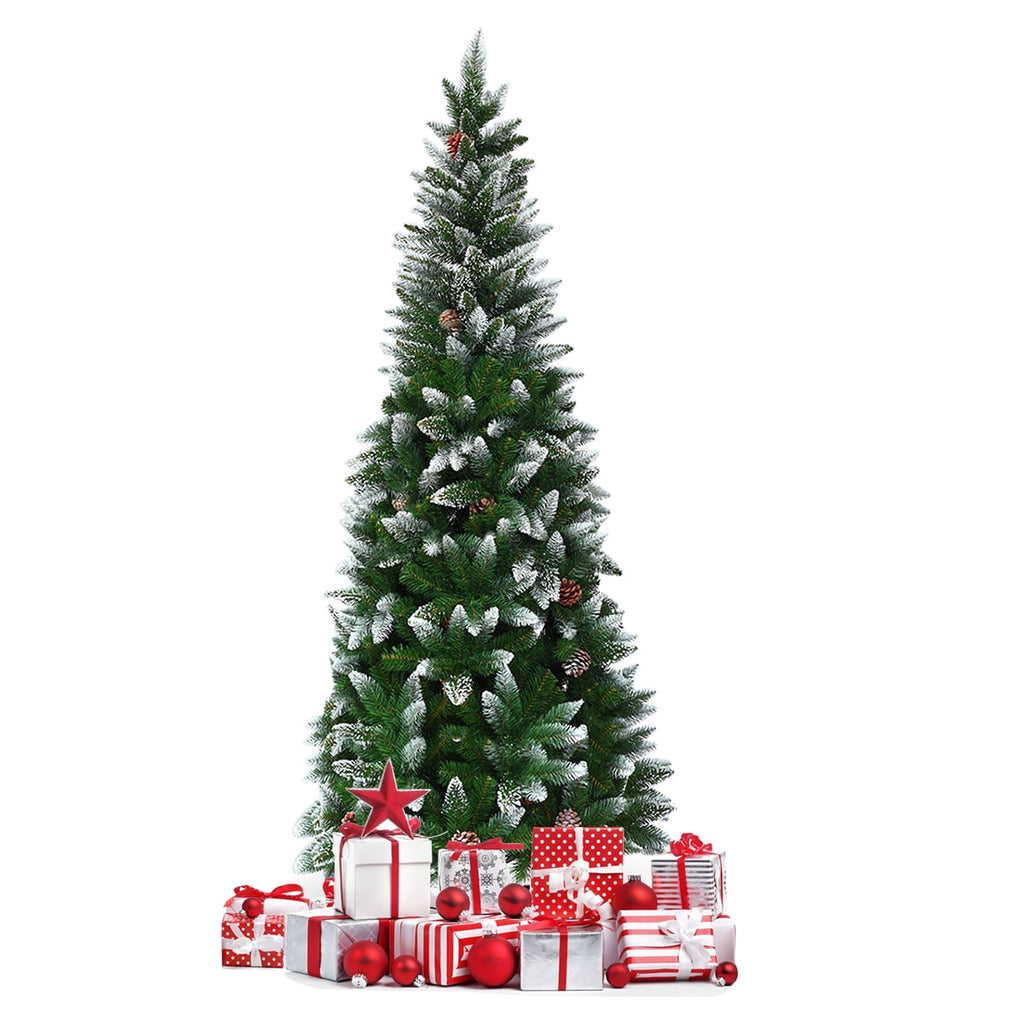 Topbuy 5'Artificial Pencil Christmas Tree Snow Flocked Tree w/ Pine Cones and Metal stand