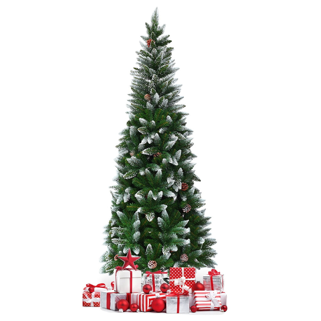 Topbuy 7.5'Artificial Pencil Christmas Tree Snow Flocked Tree w/ Pine Cones and Metal stand