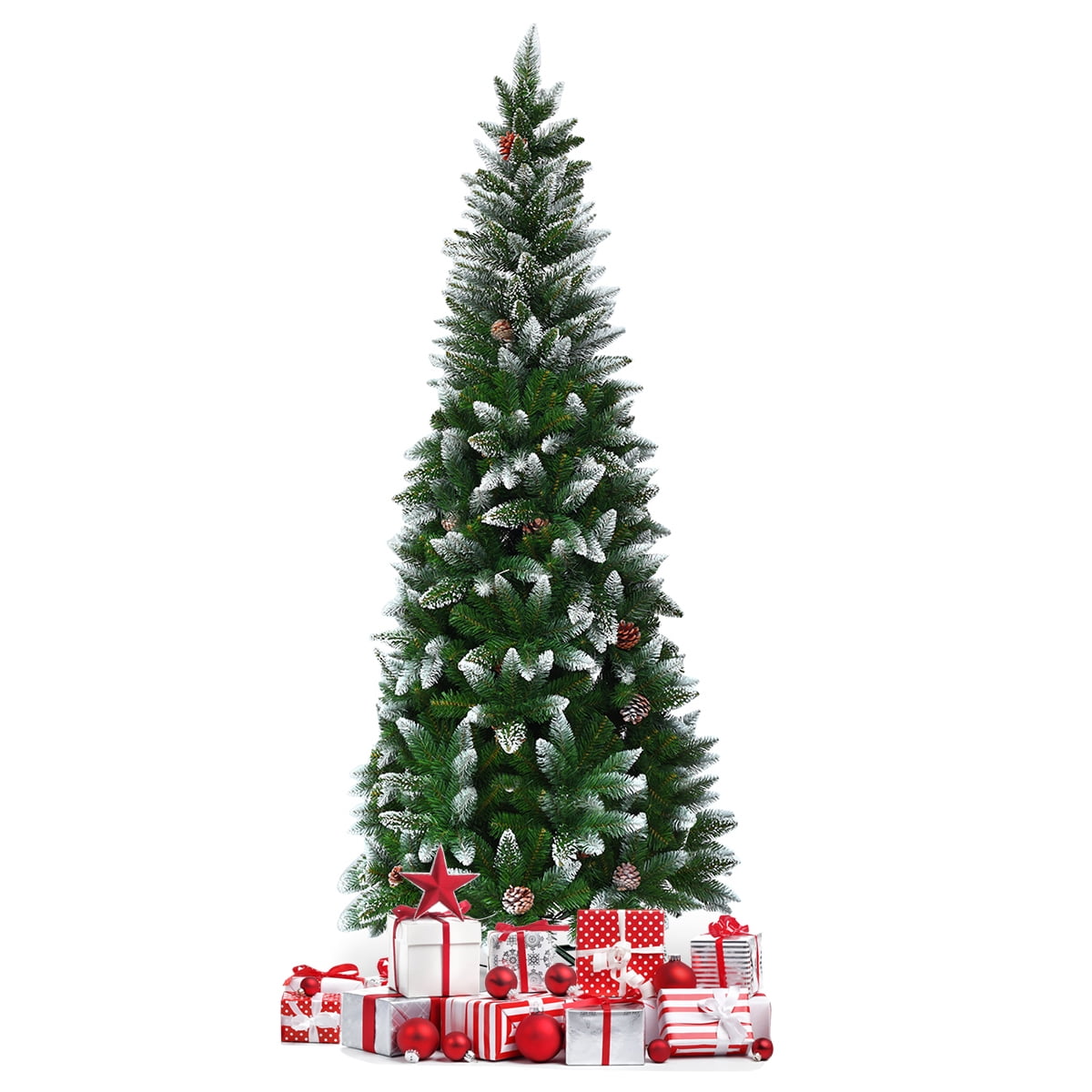 Topbuy 7.5'Artificial Pencil Christmas Tree Snow Flocked Tree w/ Pine Cones and Metal stand