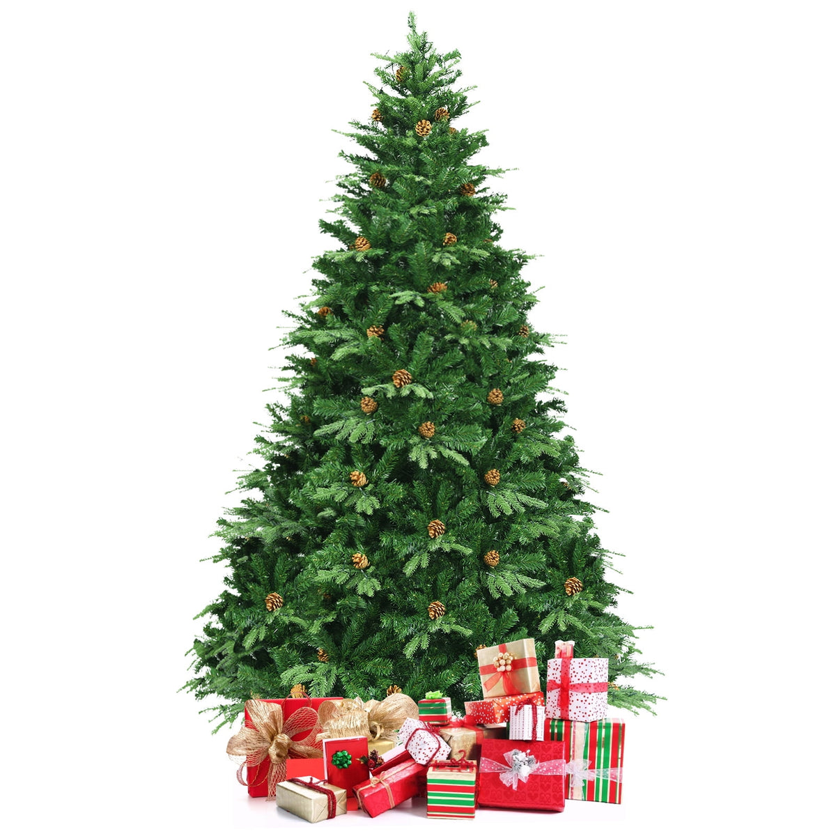 Topbuy 8'PE/PVC Artificial Pine Tree Pre-Lit Christmas Tree w/ 600 LED Lights & Pine Cones