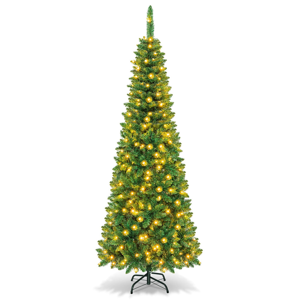 Topbuy 6.5ft Pencil Christmas Tree Pre-Lit Hinged Artificial Decoration w/ 250 Warm White Lights