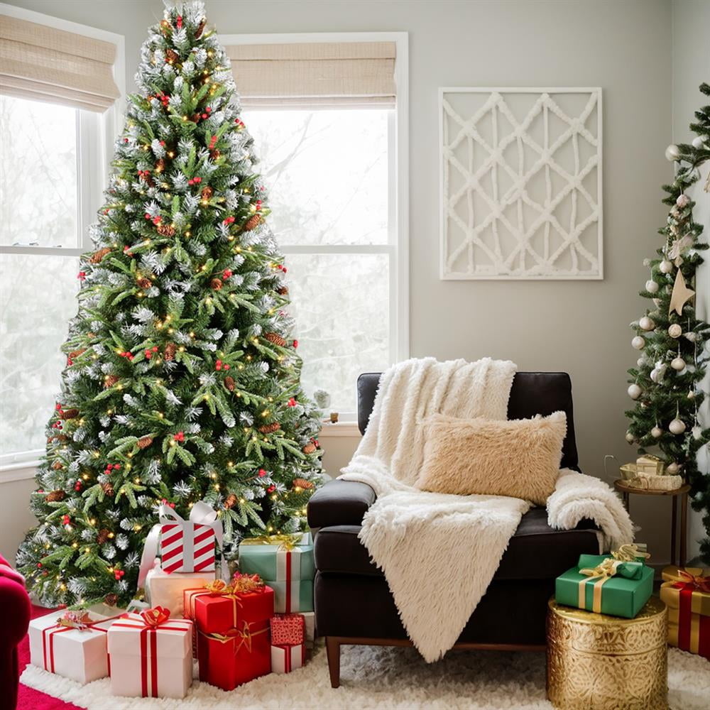 Topcobe Premium Artificial 7ft Green LED Christmas Tree, Foldable Base, Mixed Branch Tips, Red Fruits & Pine Cones for Indoor Holiday Decorating