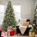 Topcobe Premium Artificial 7ft Green LED Christmas Tree, Foldable Base, Mixed Branch Tips, Red Fruits & Pine Cones for Indoor Holiday Decorating