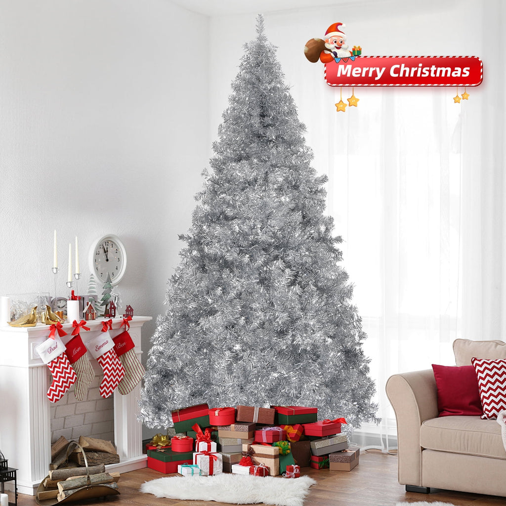 UBesGoo 6ft Pre-Lit White Christmas Tree, Hinged Artificial Pine, Silver