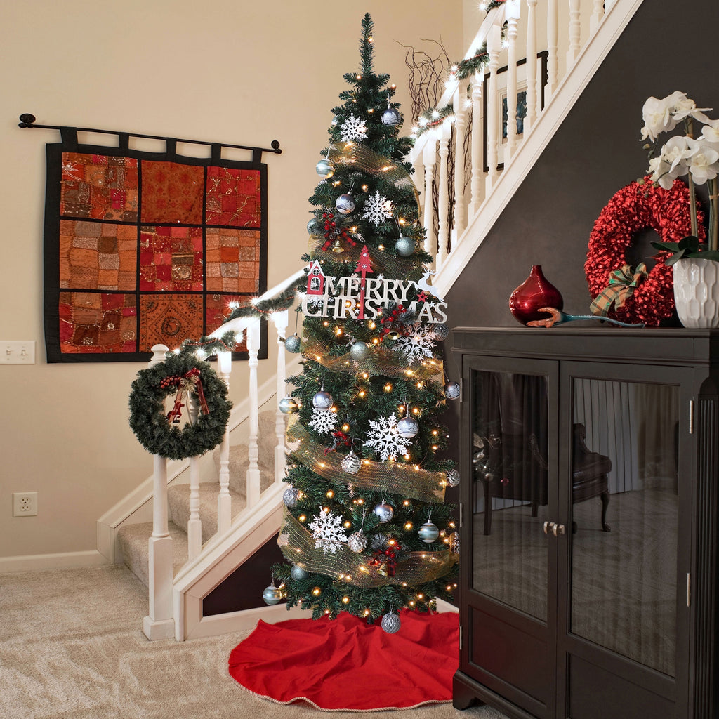 VEIKOUS 6.5ft Pre-lit Pencil Christmas Tree Slim w/250 LED Lights & Metal Stand, Green