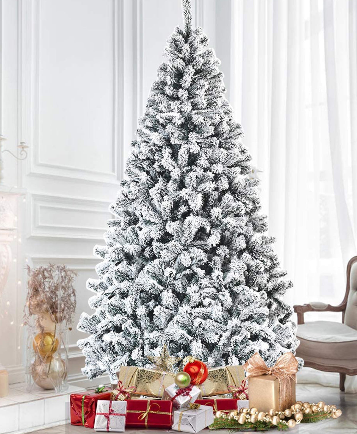 Vebreda 7.5ft Snow Flocked Hinged Artificial Christmas Tree Without Lights, Indoor White