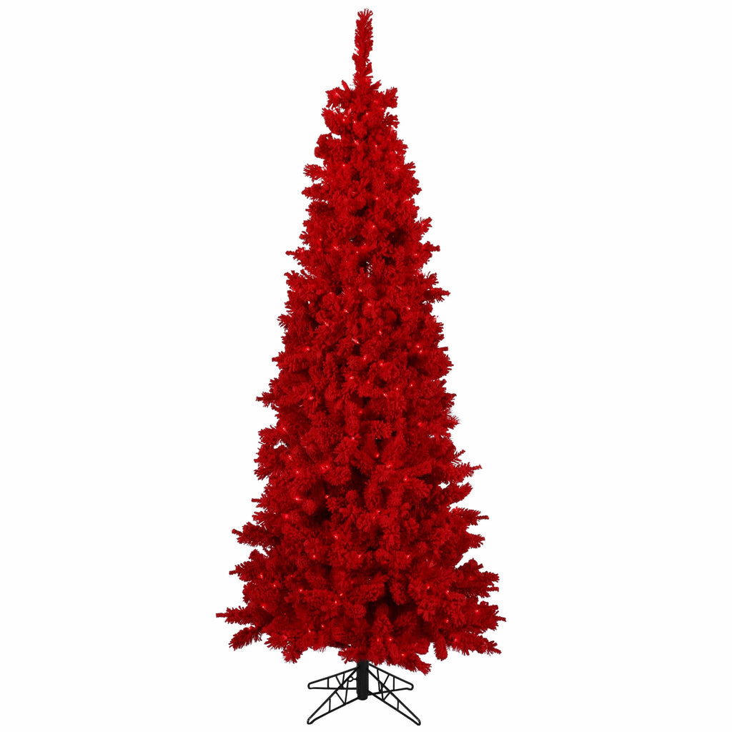 Vickerman 7.5' x 39" Flocked Red Slim Fir Artificial Christmas Tree, Red Dura-lit LED Lights