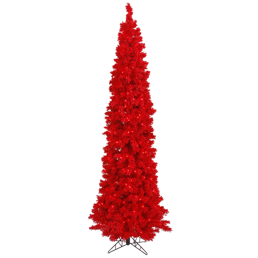Vickerman 9' Flocked Red Pencil Fir Artificial Christmas Tree, Red Dura-lit Lights