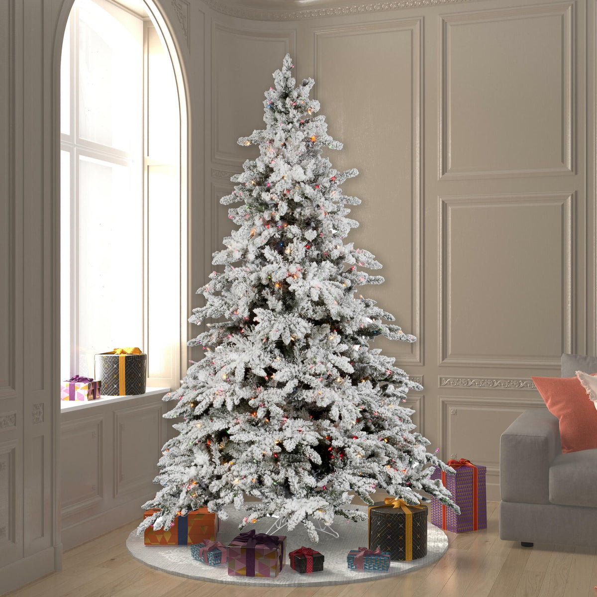 Vickerman 9' Flocked Utica Fir Artificial Christmas Tree, Multi-Colored LED Lights