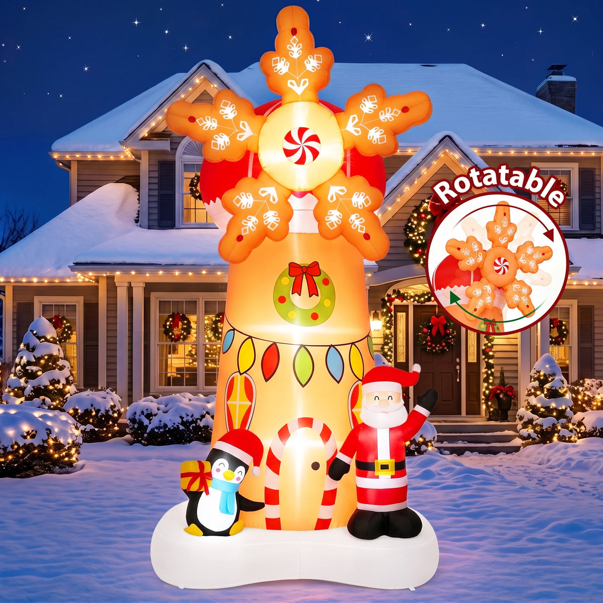Firstness 7.7Ft High Christmas Inflatables Spinning Windmill with Santa and Penguin, Christmas Blow ups with LED Lights, Outdoor Yard Decoration