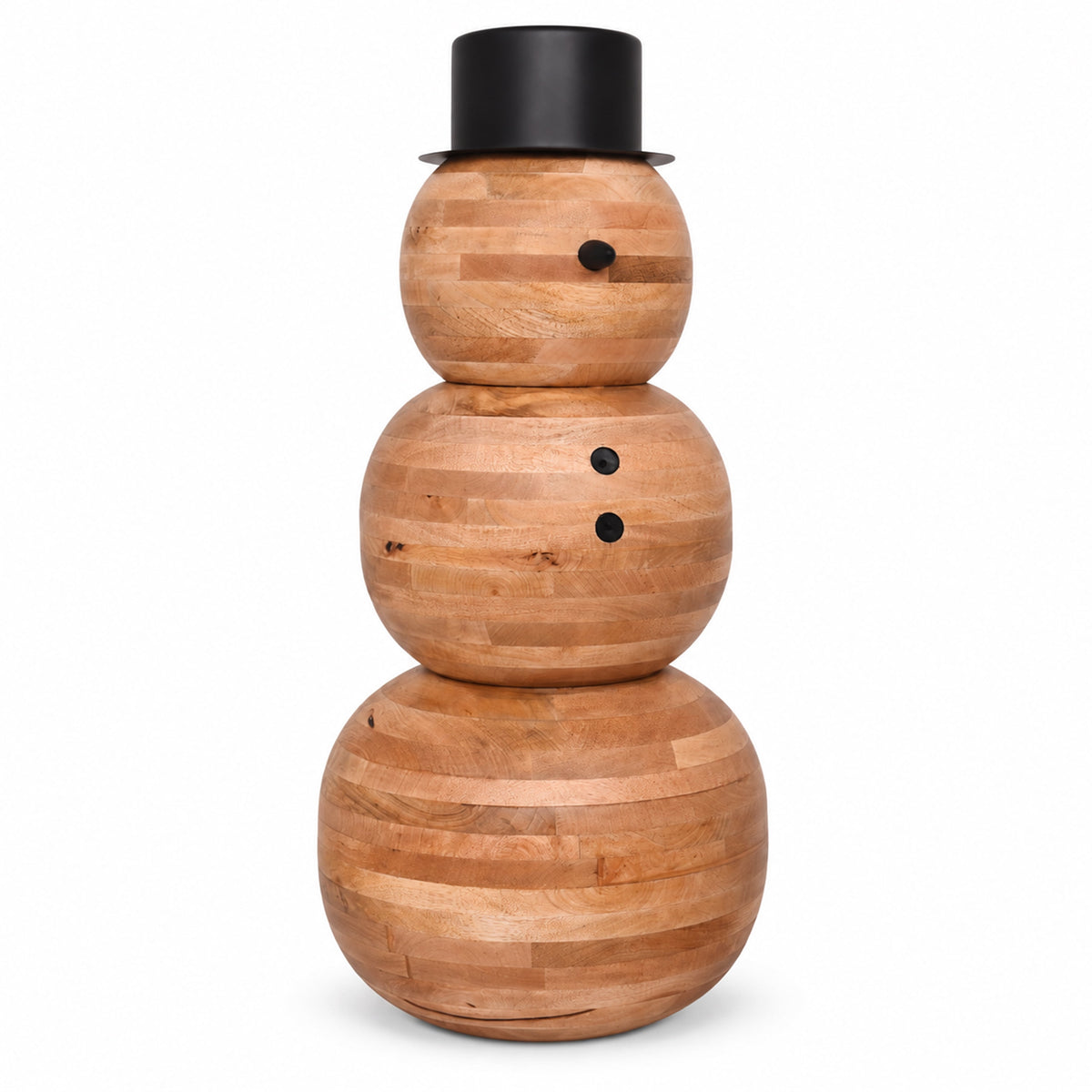 Holiday Time Wood Decorative Snowman with Black Metal Hat, Natural Finish, Christmas Outdoor Porch Decor, 34 in
