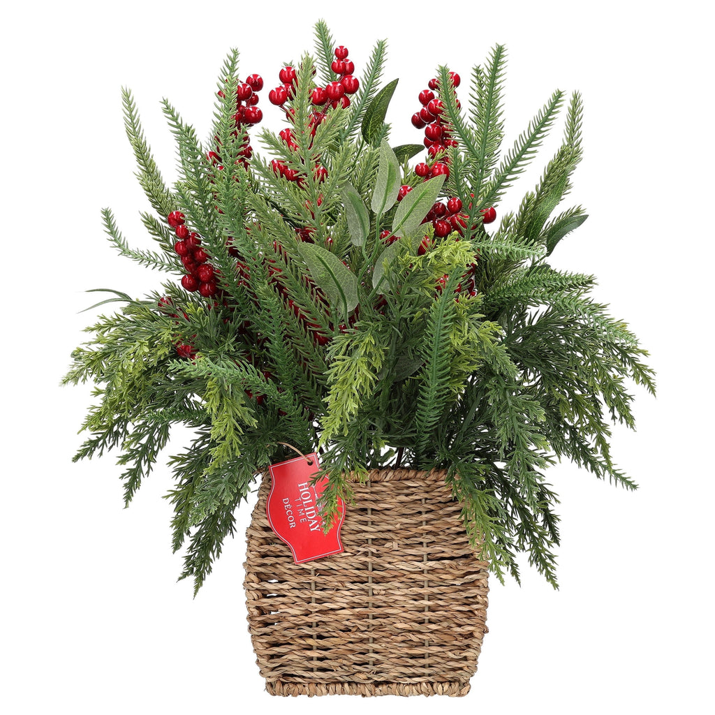 Berry and Greenery Arrangement in Woven Basket Christmas Decoration, Multicolor, 15.5", by Holiday Time