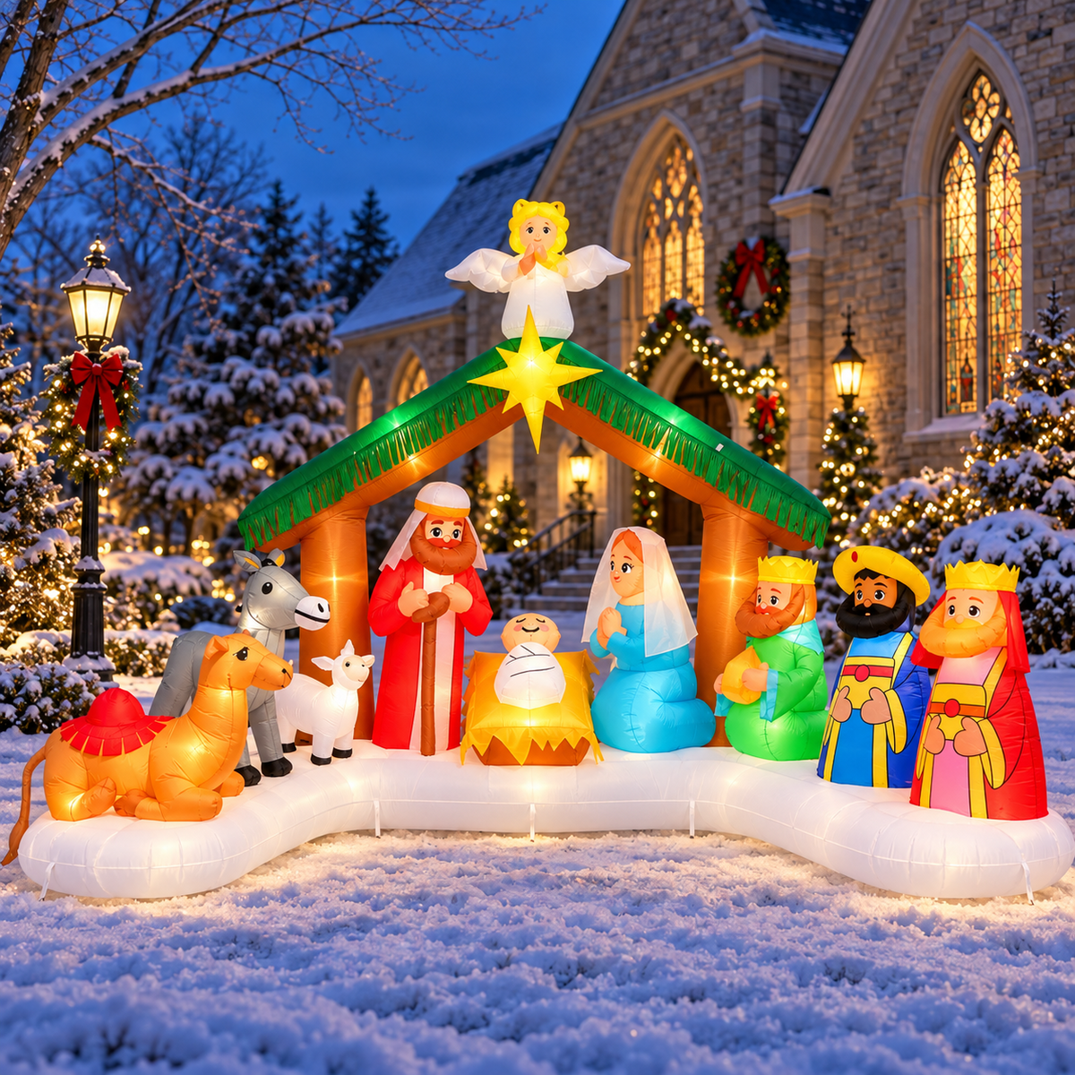 Wondiair 12FT Christmas Inflatable Nativity Scene with LED Lights for Outdoor Yard and Church Decor