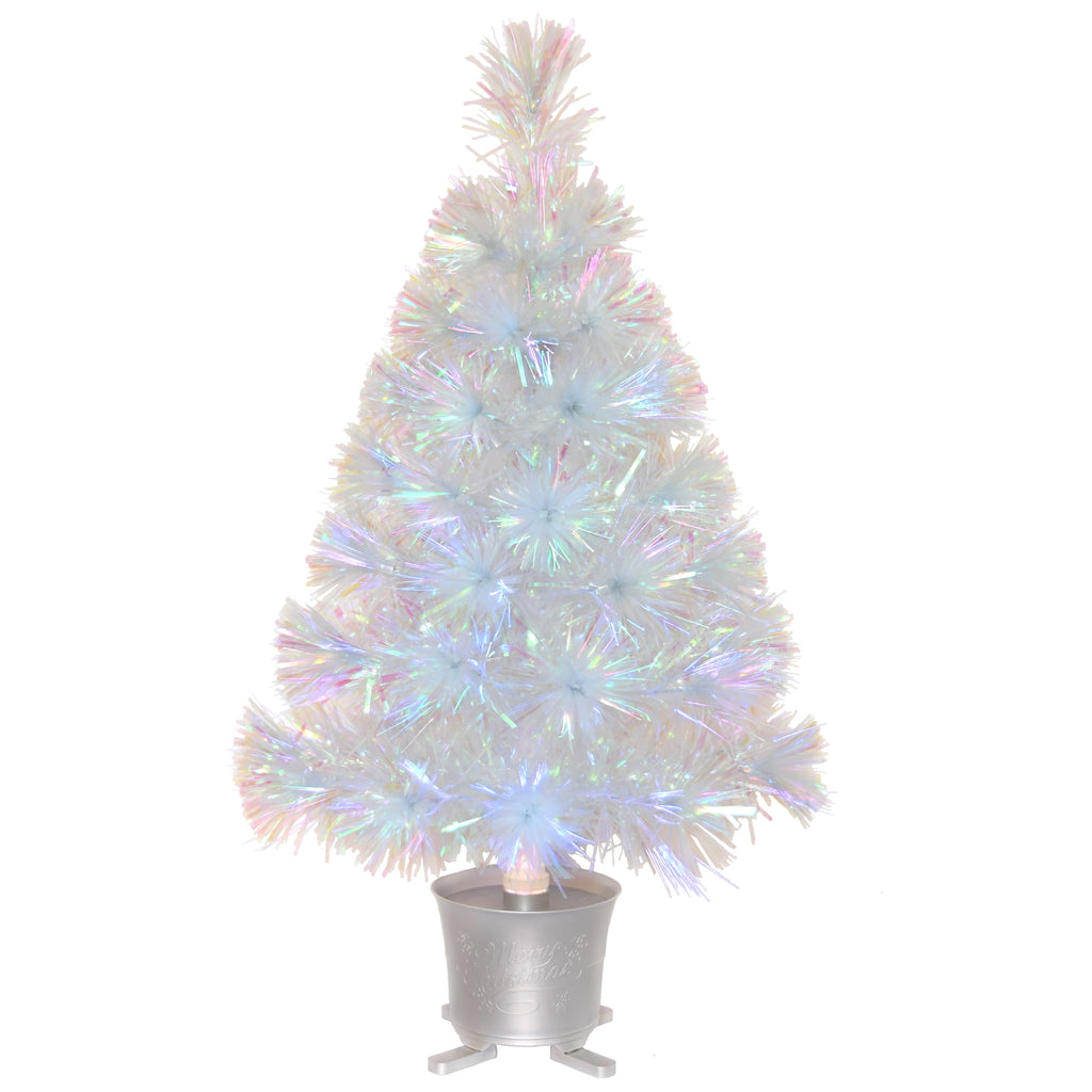 YUETJIN 24 Pre-Lit Mini Fiber Optic Tabletop Artificial Christmas Tree with Seven Colors LED Lights in with Gold Base Pot