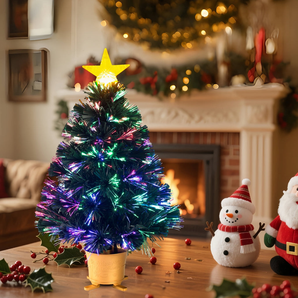 YUETJIN 24inch Pre-Lit Mini Fiber Optic Tabletop Artificial Christmas Tree，Small Xmas Tree with Golden Stars Decorations