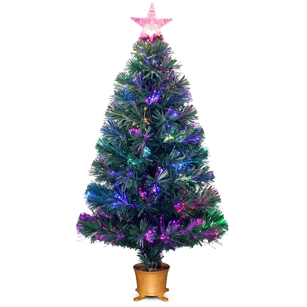 YUETJIN 3ft Pre-lit Mini Fiber Optic Tabletop Artificial Christmas Tree，Small Xmas Trees with Stars Decorations-transparent