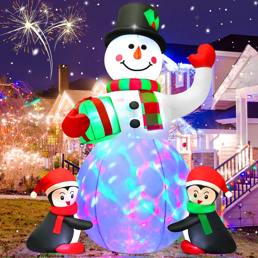 Yexmas 6.3 FT Christmas Inflatable Snowman with Penguins and Gift Box, Rotating LED Lights, Outdoor Christmas Blow Up Yard Decoration