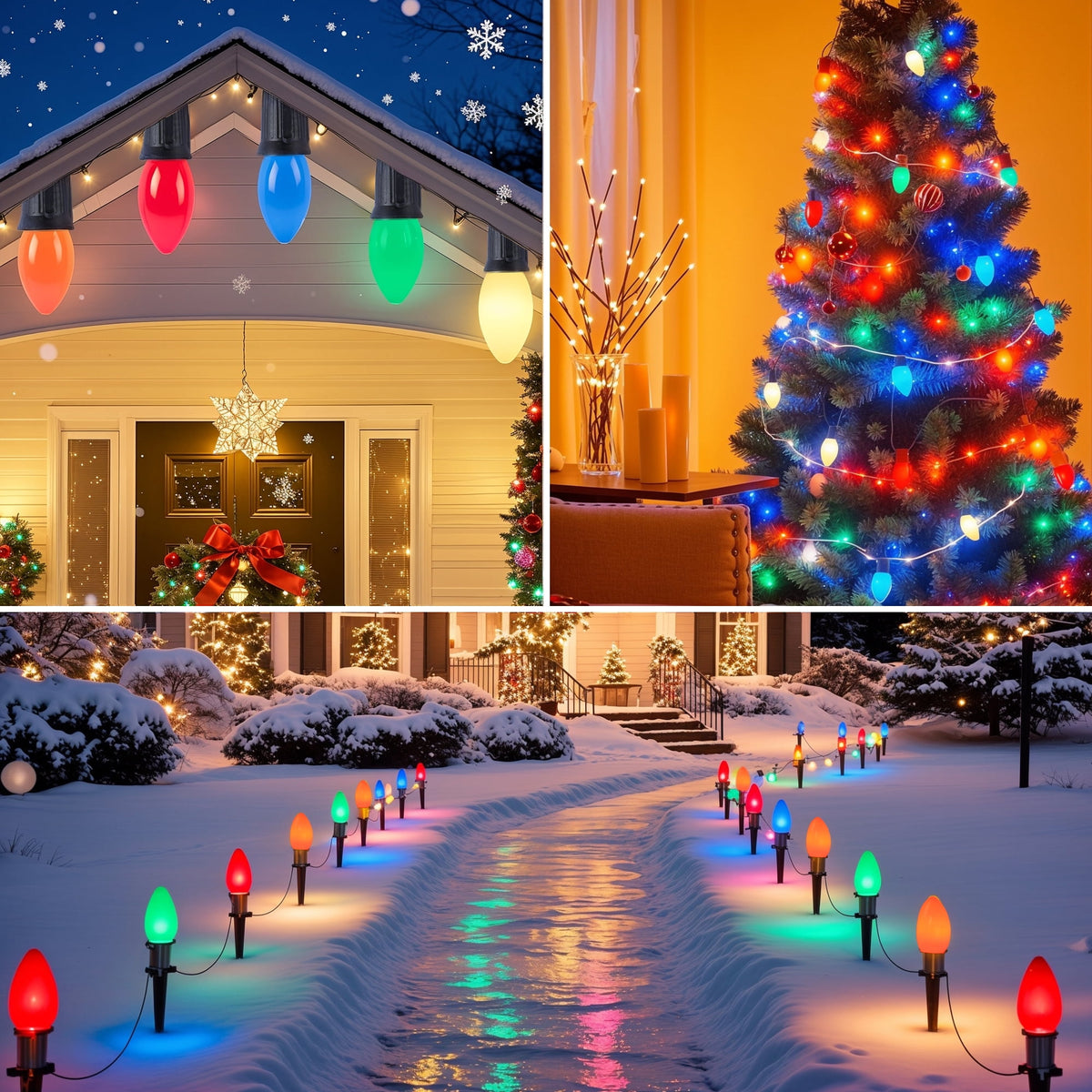 ALLJOY 2 Pack Total 51.5 Ft 40 Bulbs C9 Christmas Pathway Lights with Stakes, Outdoor Christmas String Lights,Christmas Decorations for Yard Walkway Sidewalk, Halloween& Christmas Lights