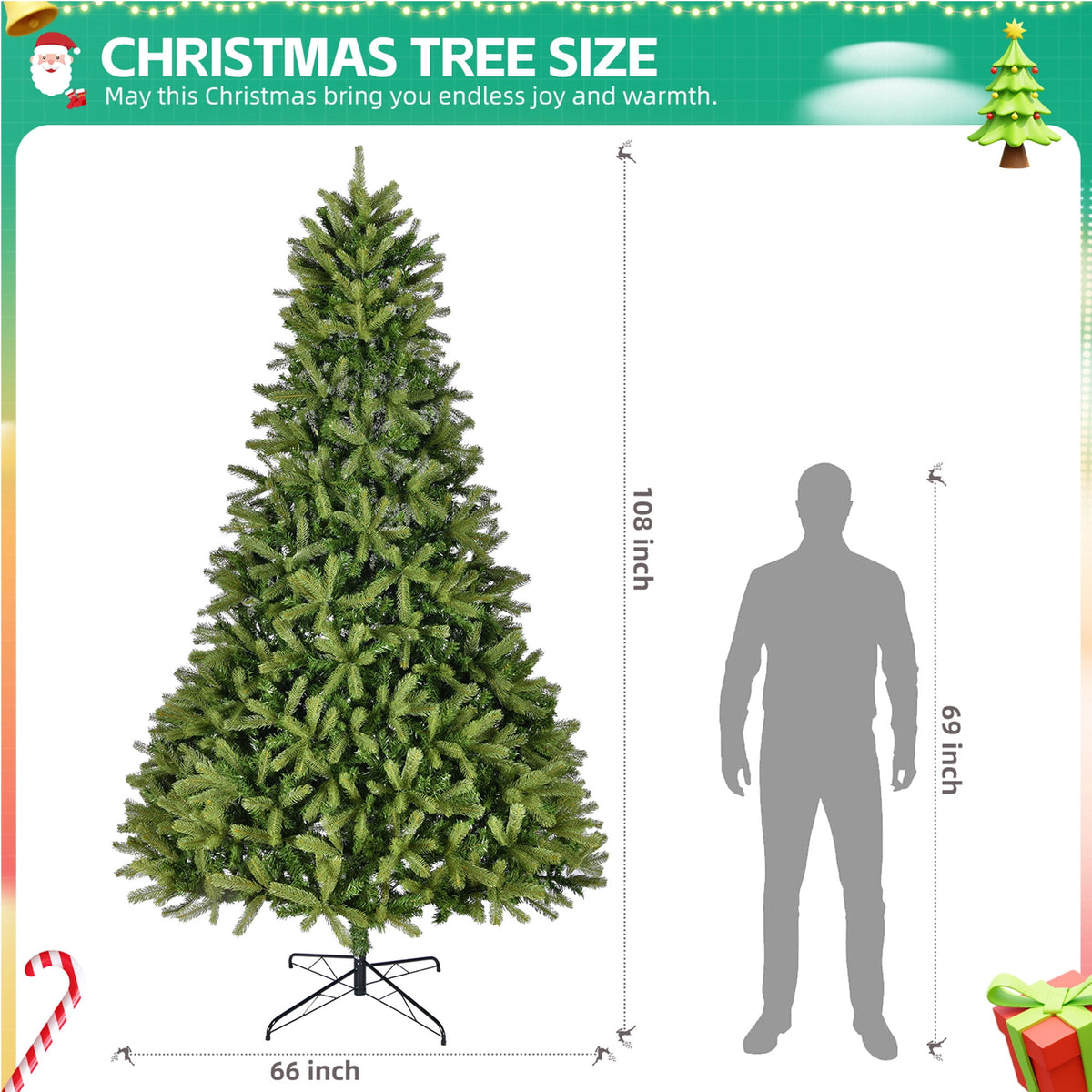 9FT Artificial Christmas Tree, Premium Spruce Hinged Full Christmas Tree with 2576 Branch Tips, Foldable Metal Stand, Holiday Xmas Tree for Home Party Office Decoration