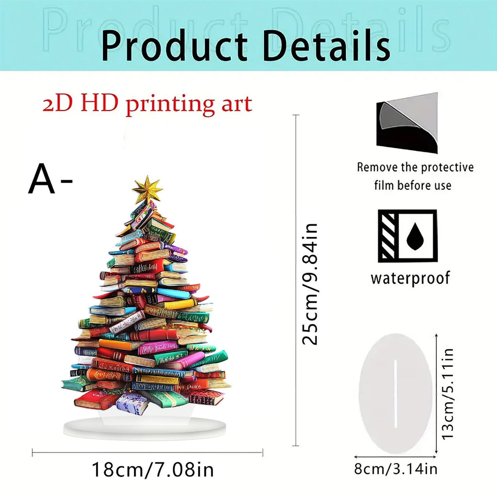 Stack of Books Christmas Trees Tabletop Decor Rustic Acrylic Flat Christmas Trees Xmas Centerpieces Table Wooden Signs Farmhouse Table Home Decor for Winter Home Office Farmhouse